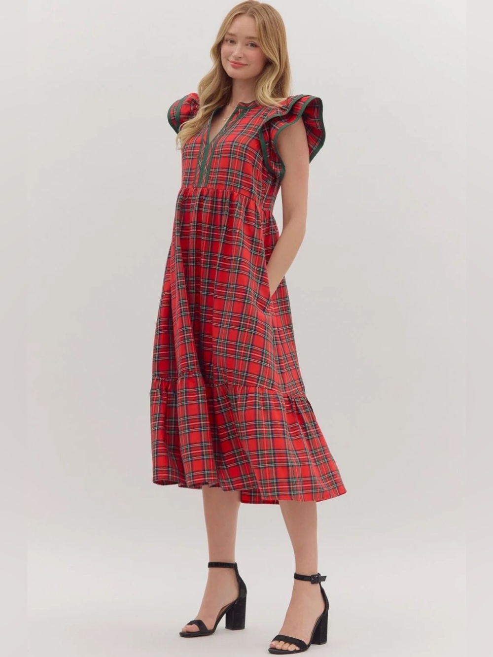 Entro Red Tartan Plaid Ruffle Midi Dress with Flutter Sleeves